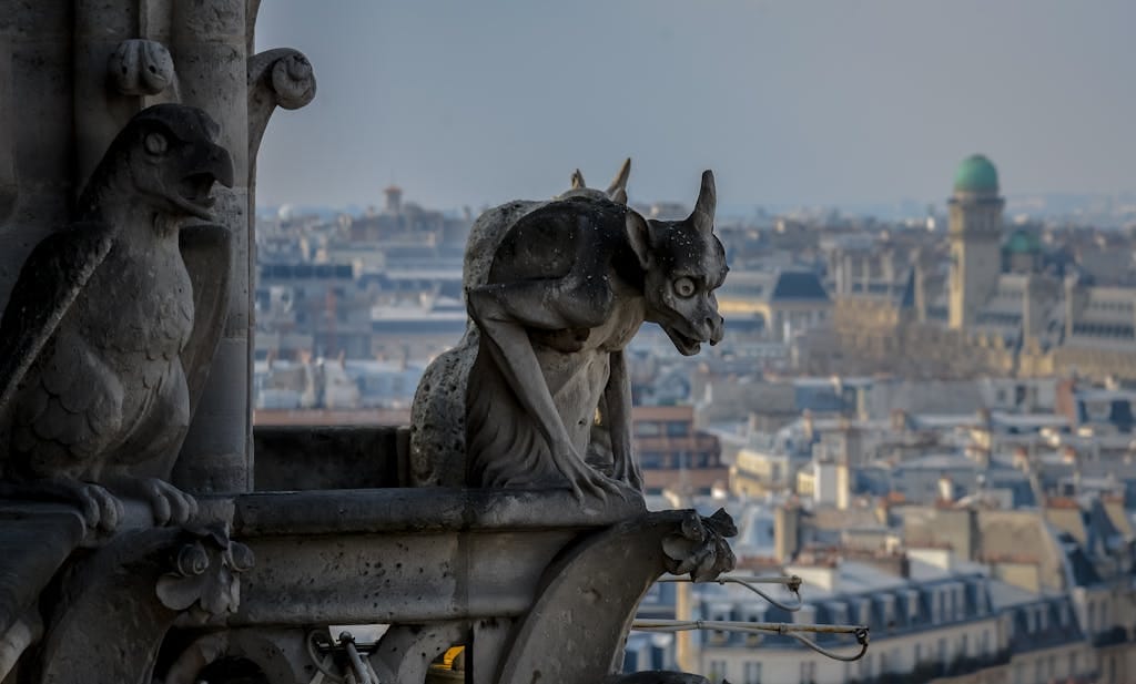 Gothic gargoyle overlooking Paris cityscape, capturing urban architecture and history.
